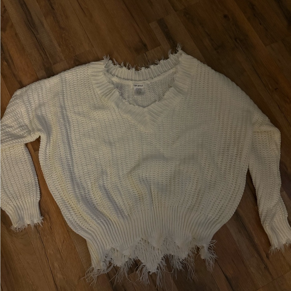 Cream Fringed V-Neck Sweater large